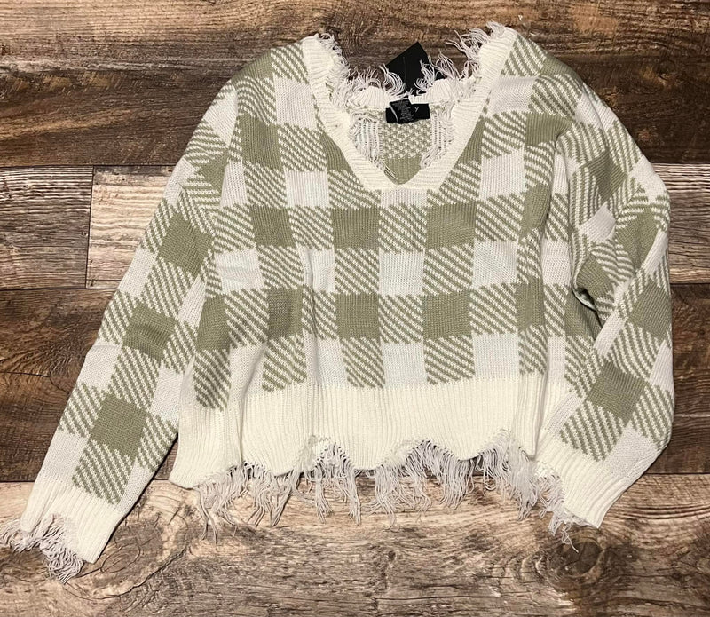 Top - Cropped Sage Plaid Distressed Sweater