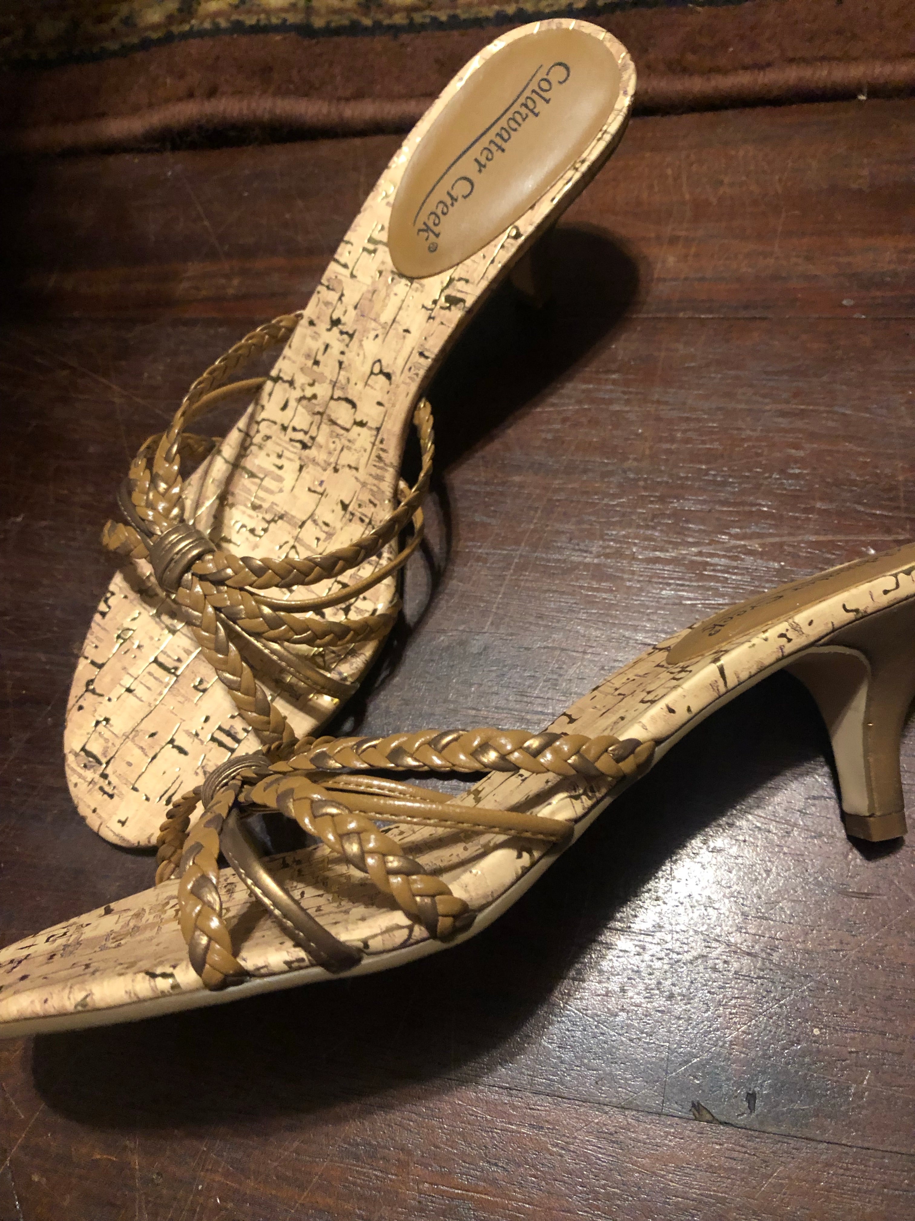 Shoes - Low Gold Sandal Mini Heels (7.5)